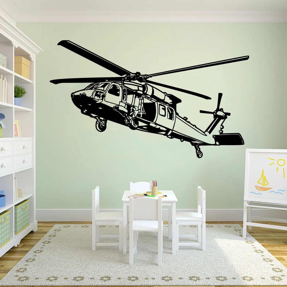 Kaasaegne Black Hawk Helikopter Seina Kleebis Mängutuba Poiss Tuba Armee Mili Sõjaliseks Lennuk Biplaan Seina Decal Magamistuba Vinüül Home Decor Pilt 0