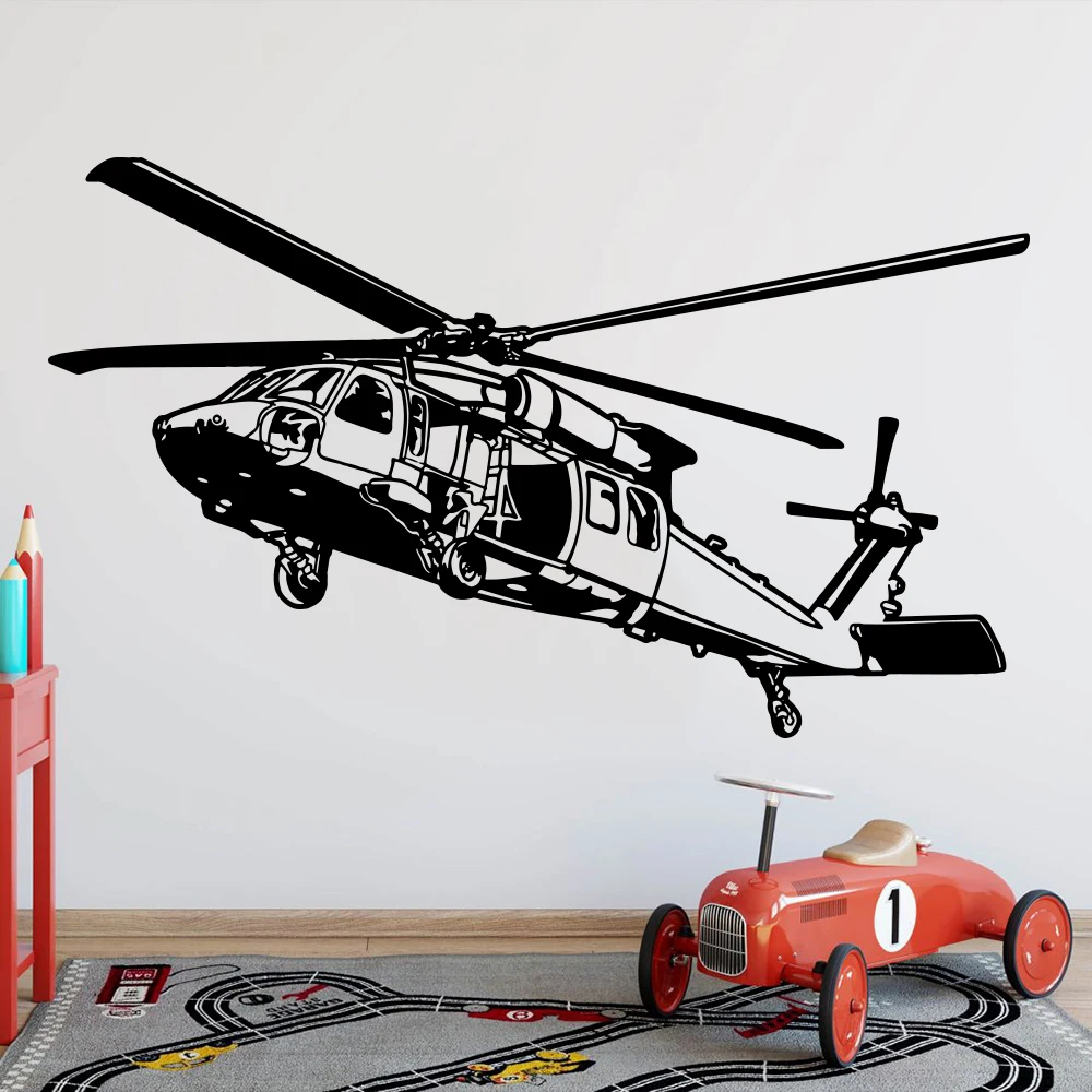 Kaasaegne Black Hawk Helikopter Seina Kleebis Mängutuba Poiss Tuba Armee Mili Sõjaliseks Lennuk Biplaan Seina Decal Magamistuba Vinüül Home Decor Pilt 1